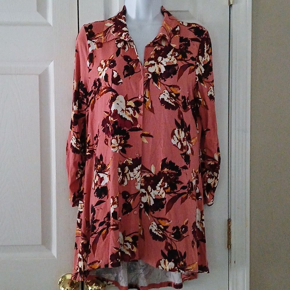New Directions floral print button down hi low tunic blouse  Sz M NWOT